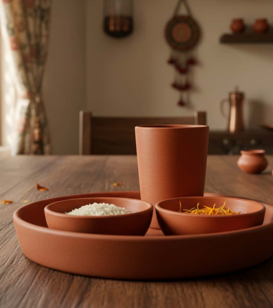 Authentic Handmade Terracotta Set (4-Piece) – Clay Plate, 2 Bowls & Glass for Healthy Dining & Puja