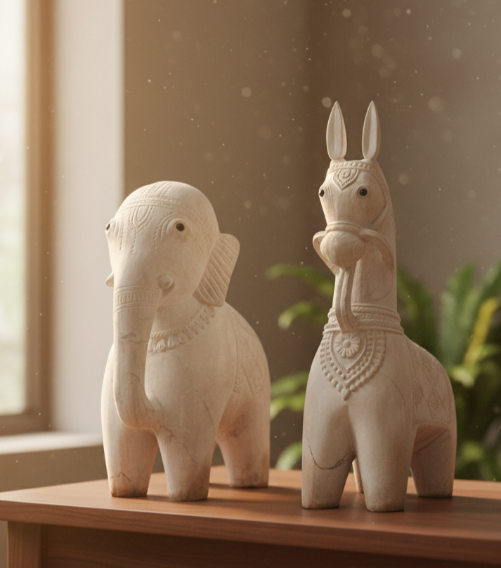 Premium Authentic Handmade Soapstone Carving – Royal Elephant & Horse Statue Set