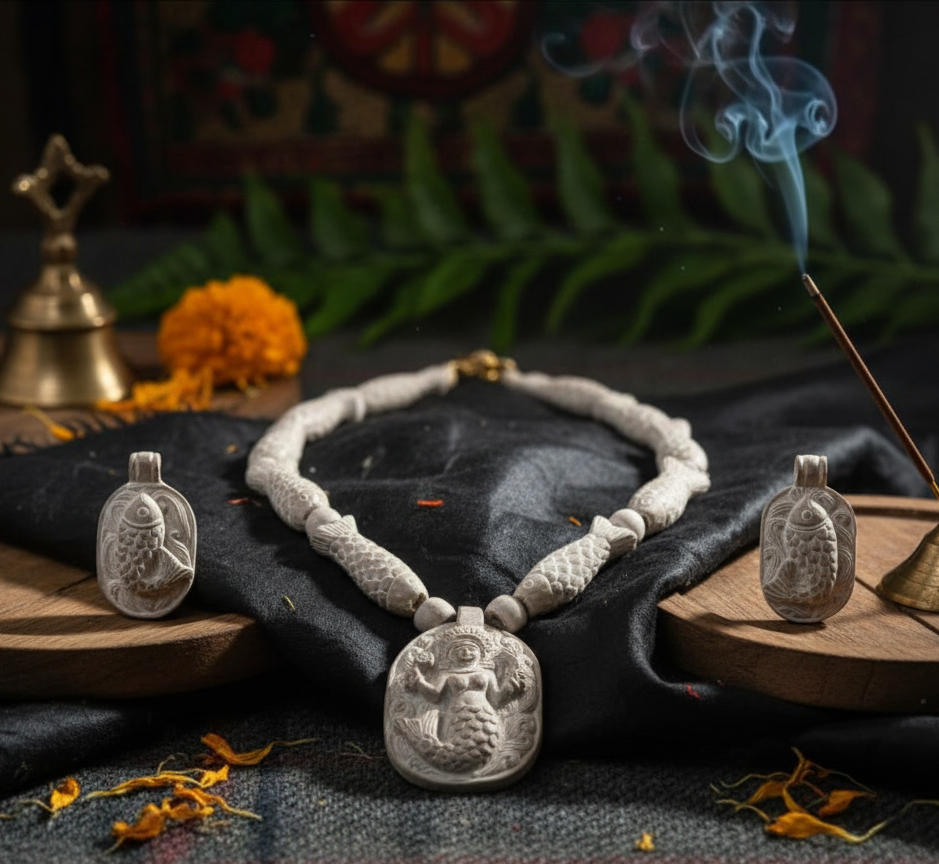 Premium Authentic Handmade Soapstone Jewelry – Matsyakanya (Mermaid) Pendant & Earring Set