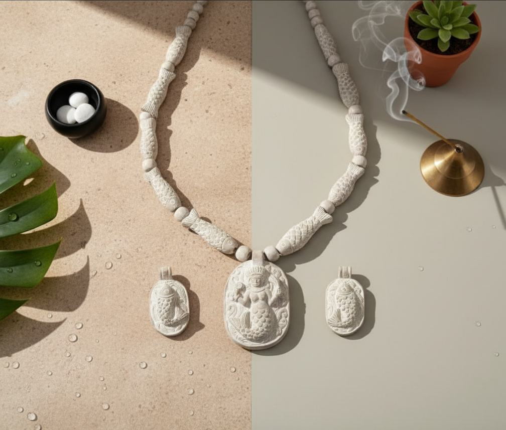Premium Authentic Handmade Soapstone Jewelry – Matsyakanya (Mermaid) Pendant & Earring Set