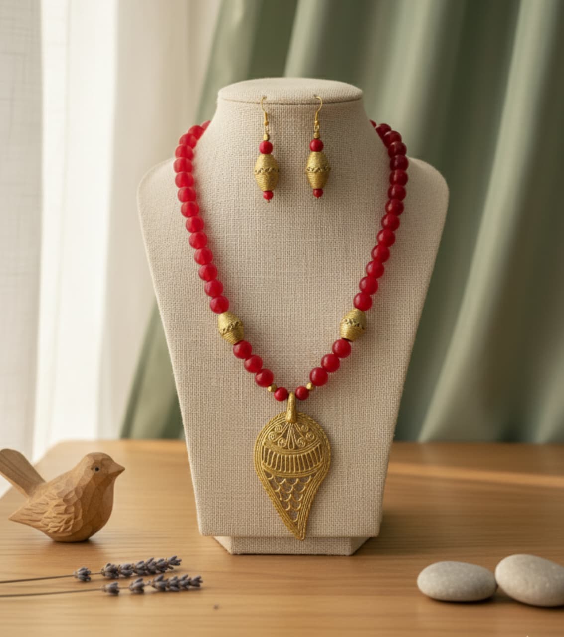 Premium Authentic Dokra & Red Agate Beaded Necklace Set