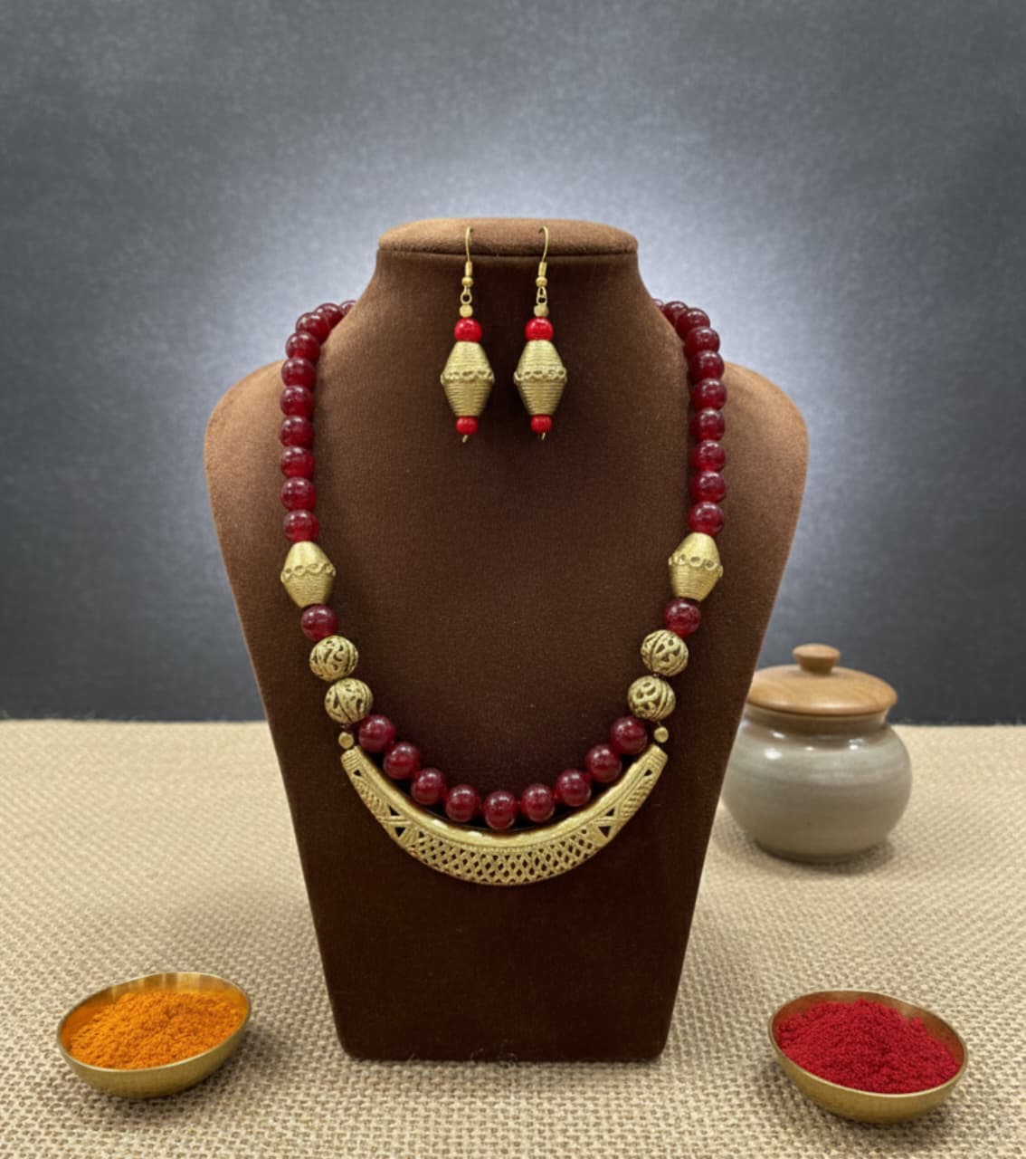Premium Authentic Dokra & Red Beaded Necklace Set with Matching Earrings
