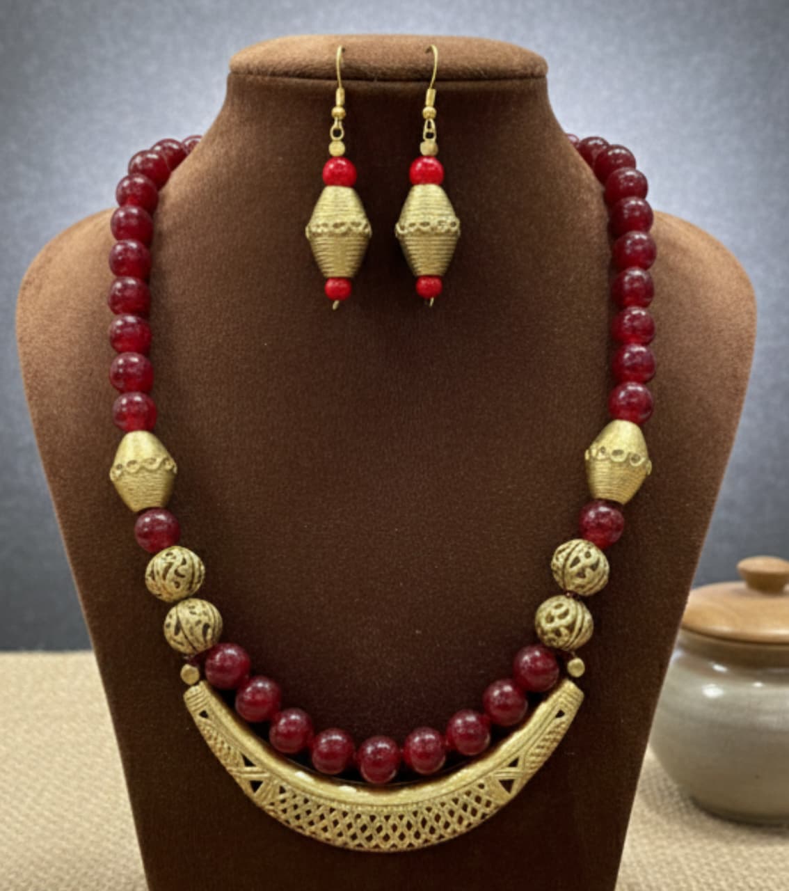 Premium Authentic Dokra & Red Beaded Necklace Set with Matching Earrings