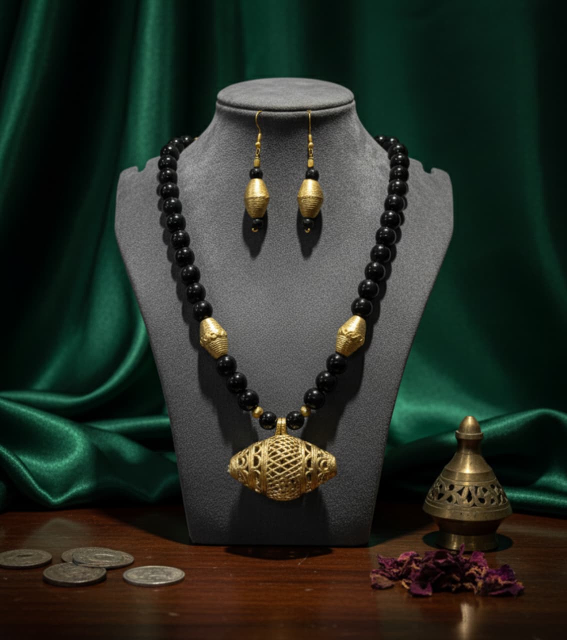 Premium Authentic Dokra & Black Beaded Statement Necklace Set with Matching Earrings