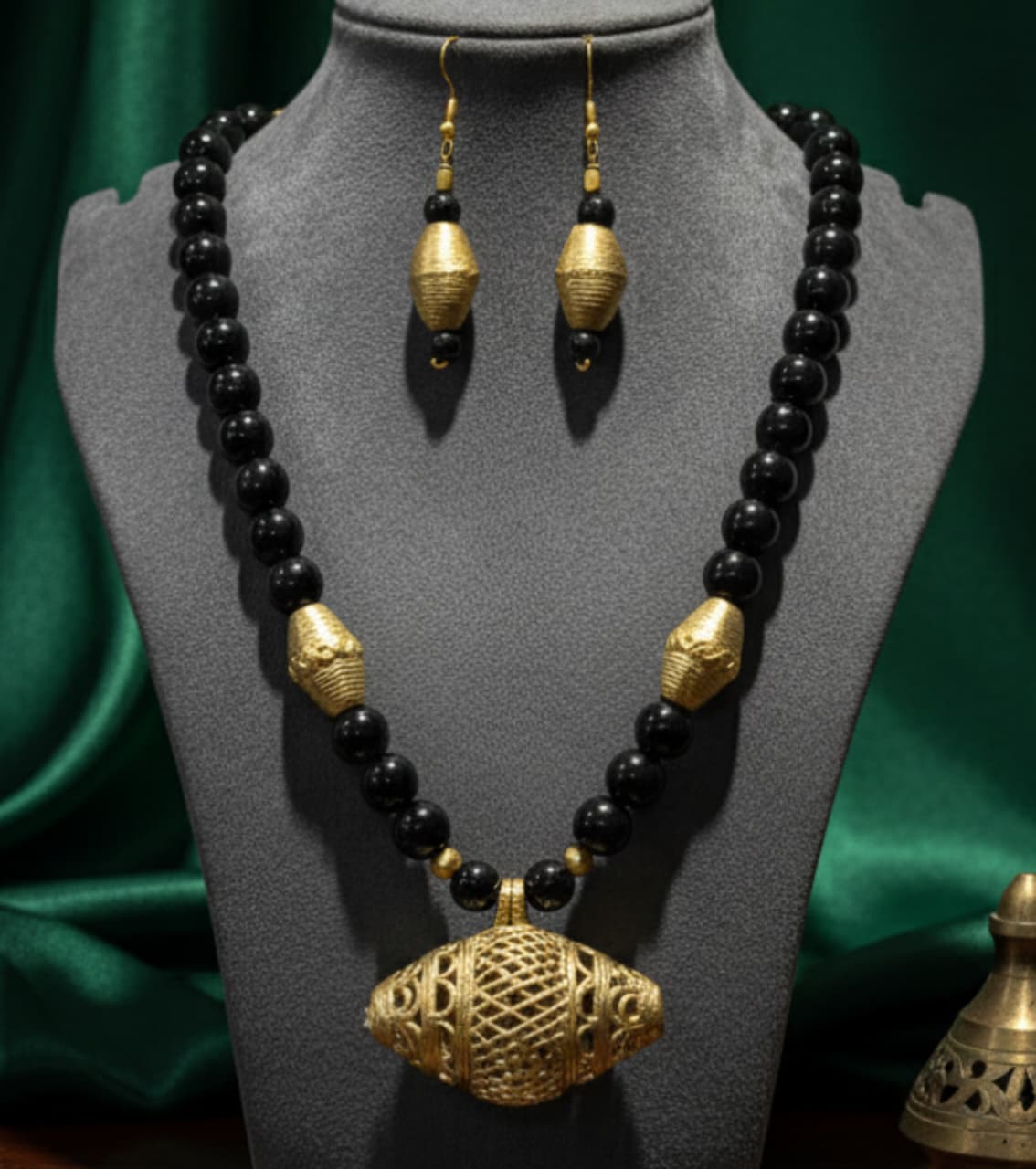 Premium Authentic Dokra & Black Beaded Statement Necklace Set with Matching Earrings