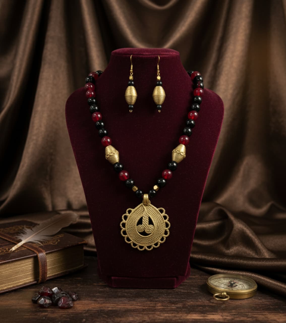 Premium Authentic Dokra & Black and Red Beaded Necklace Set with Matching Earrings