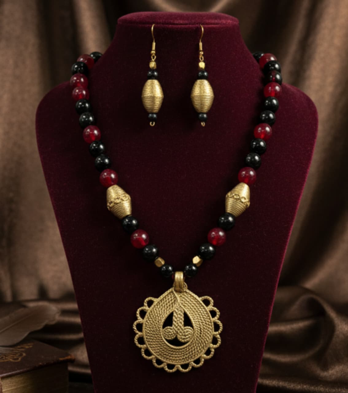 Premium Authentic Dokra & Black and Red Beaded Necklace Set with Matching Earrings