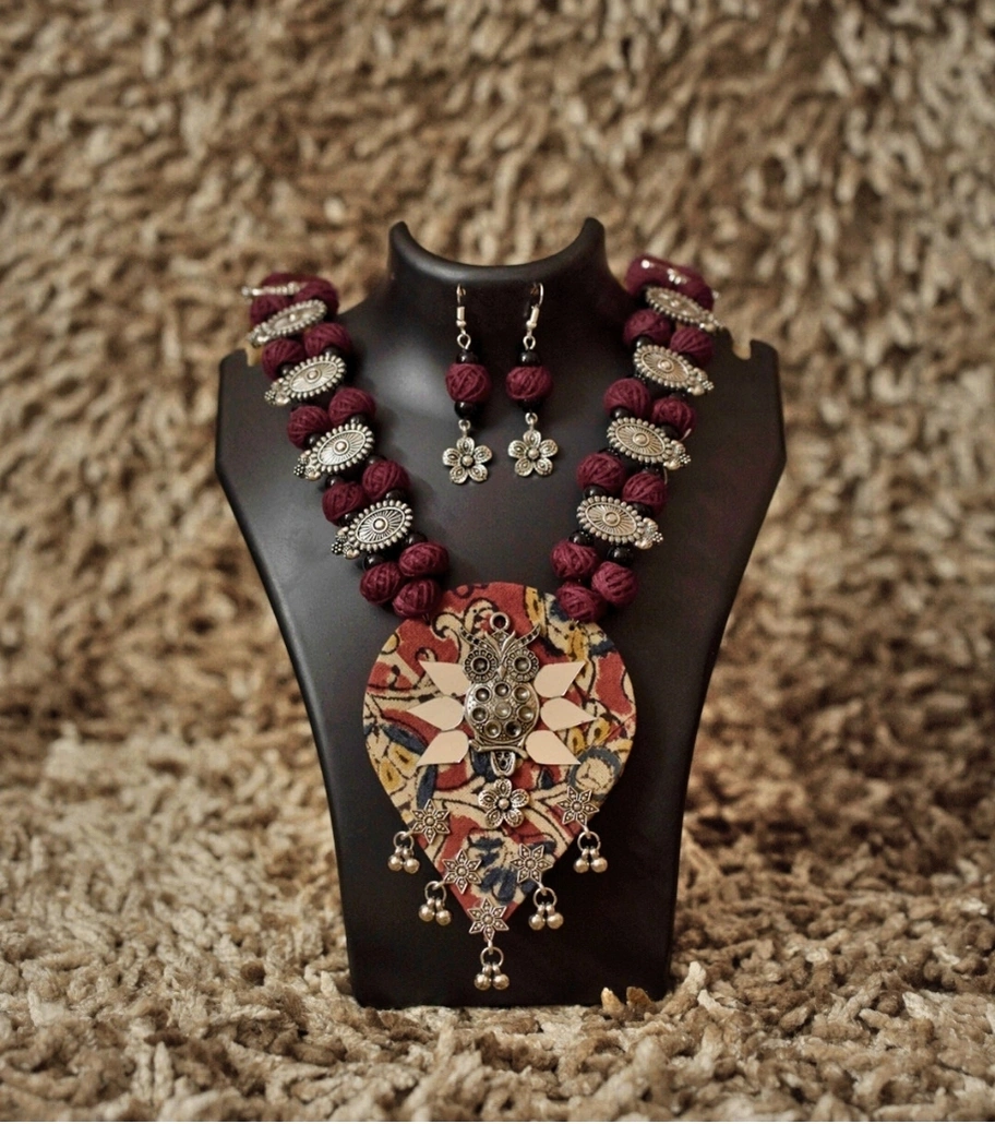 Premium Vintage Bloom Afghani Thread Necklace Set – Maroon & Silver