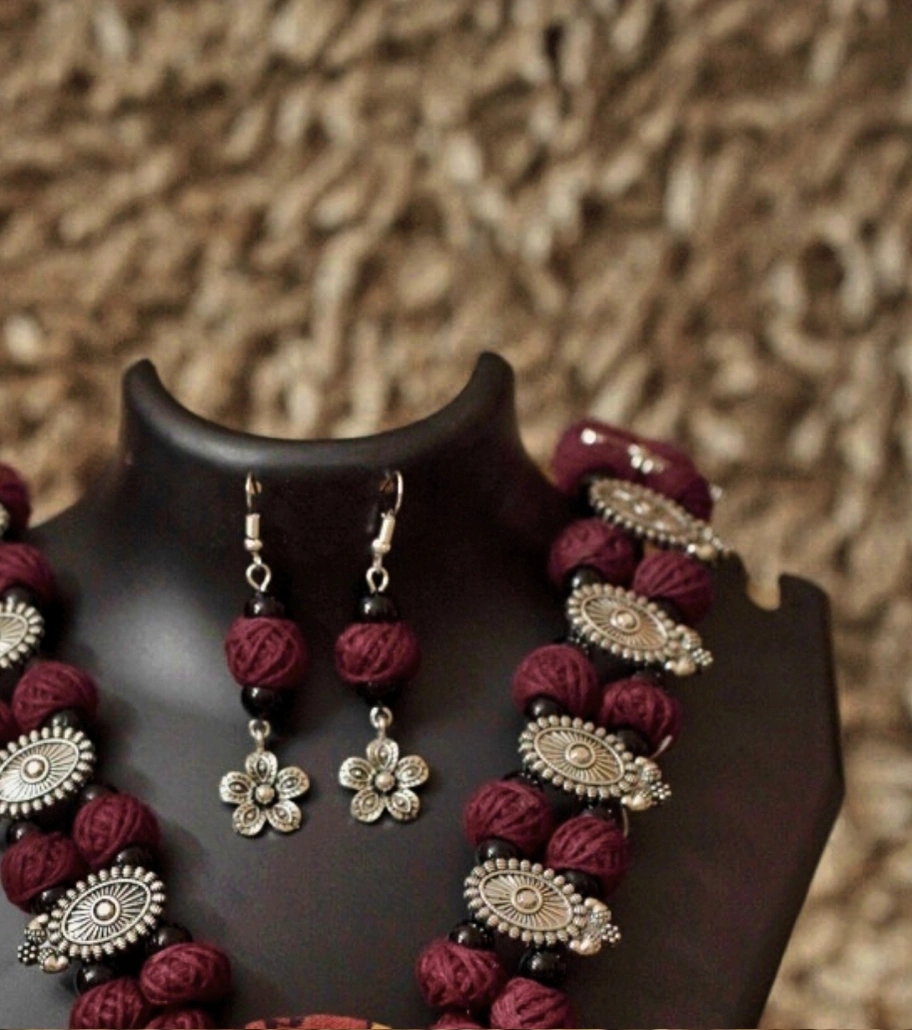 Premium Vintage Bloom Afghani Thread Necklace Set – Maroon & Silver