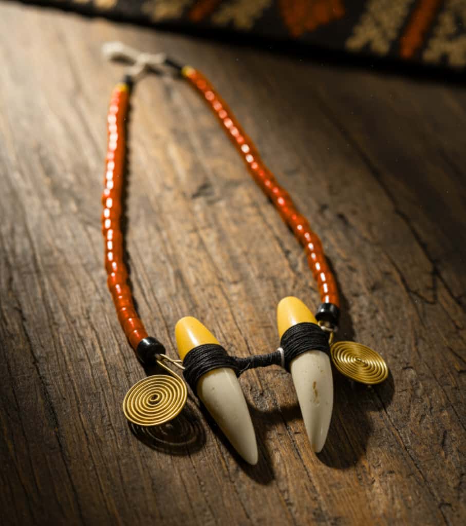 Premium Authentic Handmade Naga "Tiger Teeth" Warrior Necklace – Rare Tribal Brass & Red Bead Neckpiece