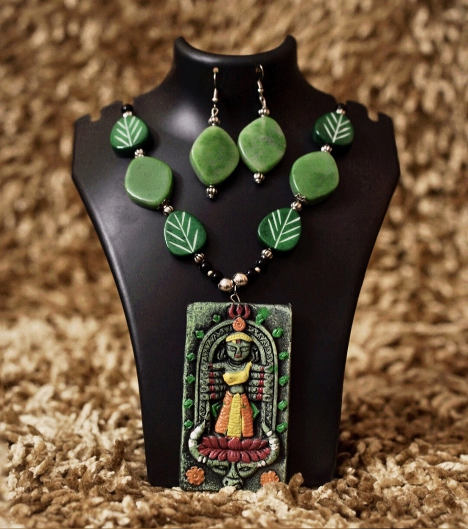 Premium Handmade Terracotta Jewelry – Verdant Devi Tribal Necklace Set with Matching Earrings