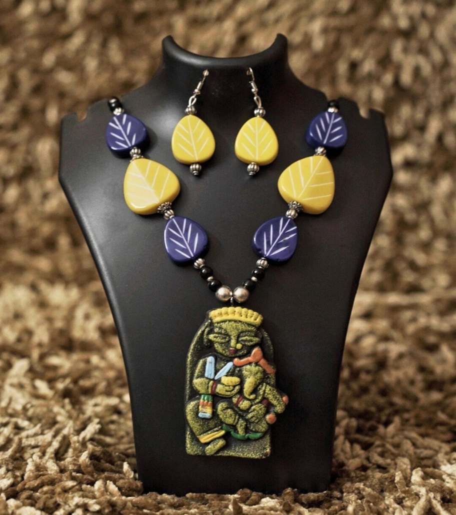 Premium Handmade Terracotta Jewelry – Tribal Tales Necklace Set (Yellow & Indigo Edition)