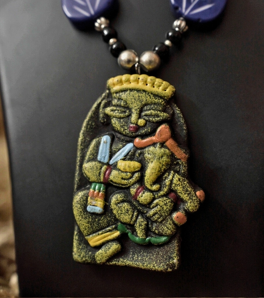 Premium Handmade Terracotta Jewelry – Tribal Tales Necklace Set (Yellow & Indigo Edition)
