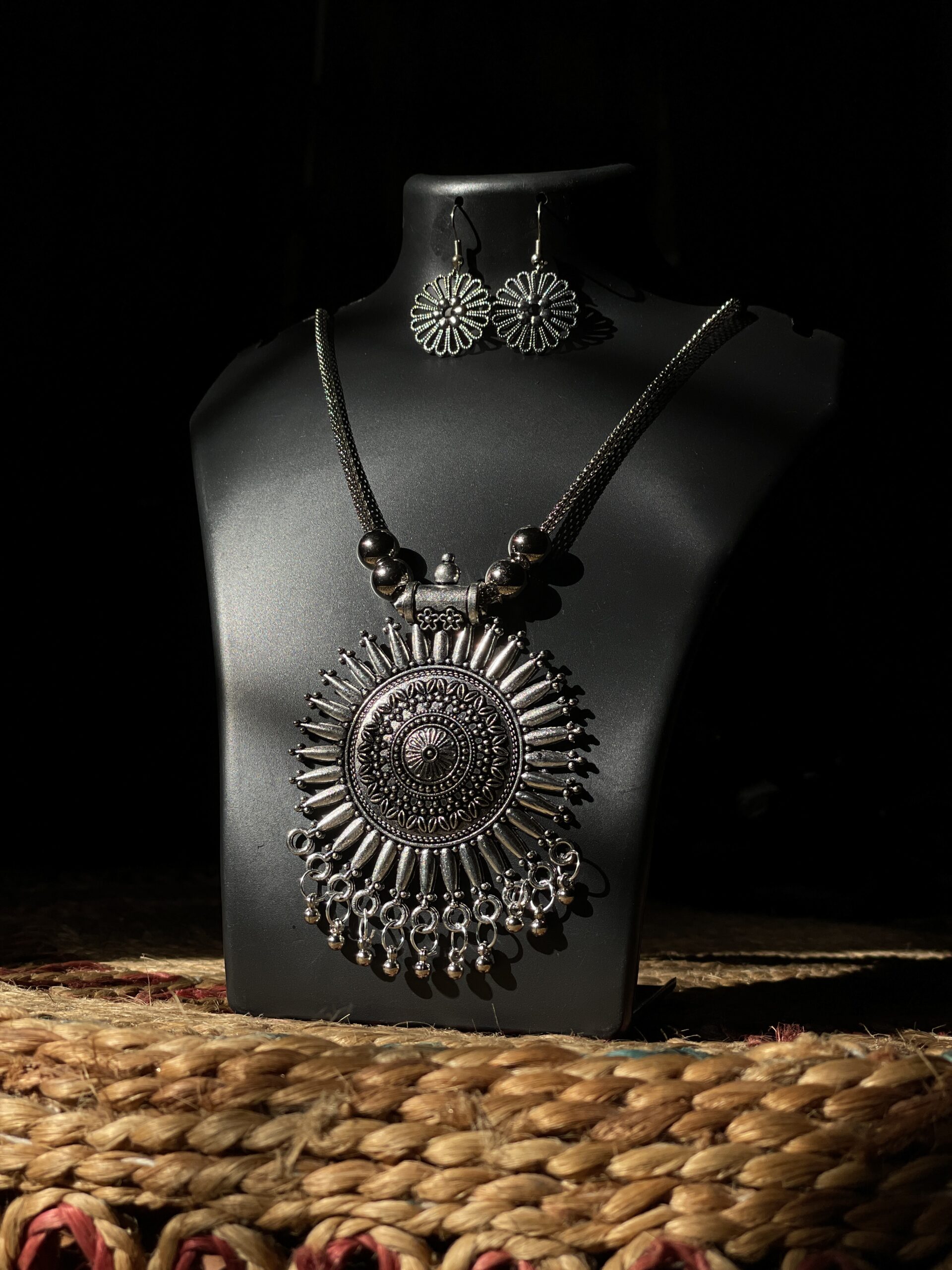 Premium Authentic Oxidized Tribal Jewelry – Tribal Sunburst Pendant Set with Earrings