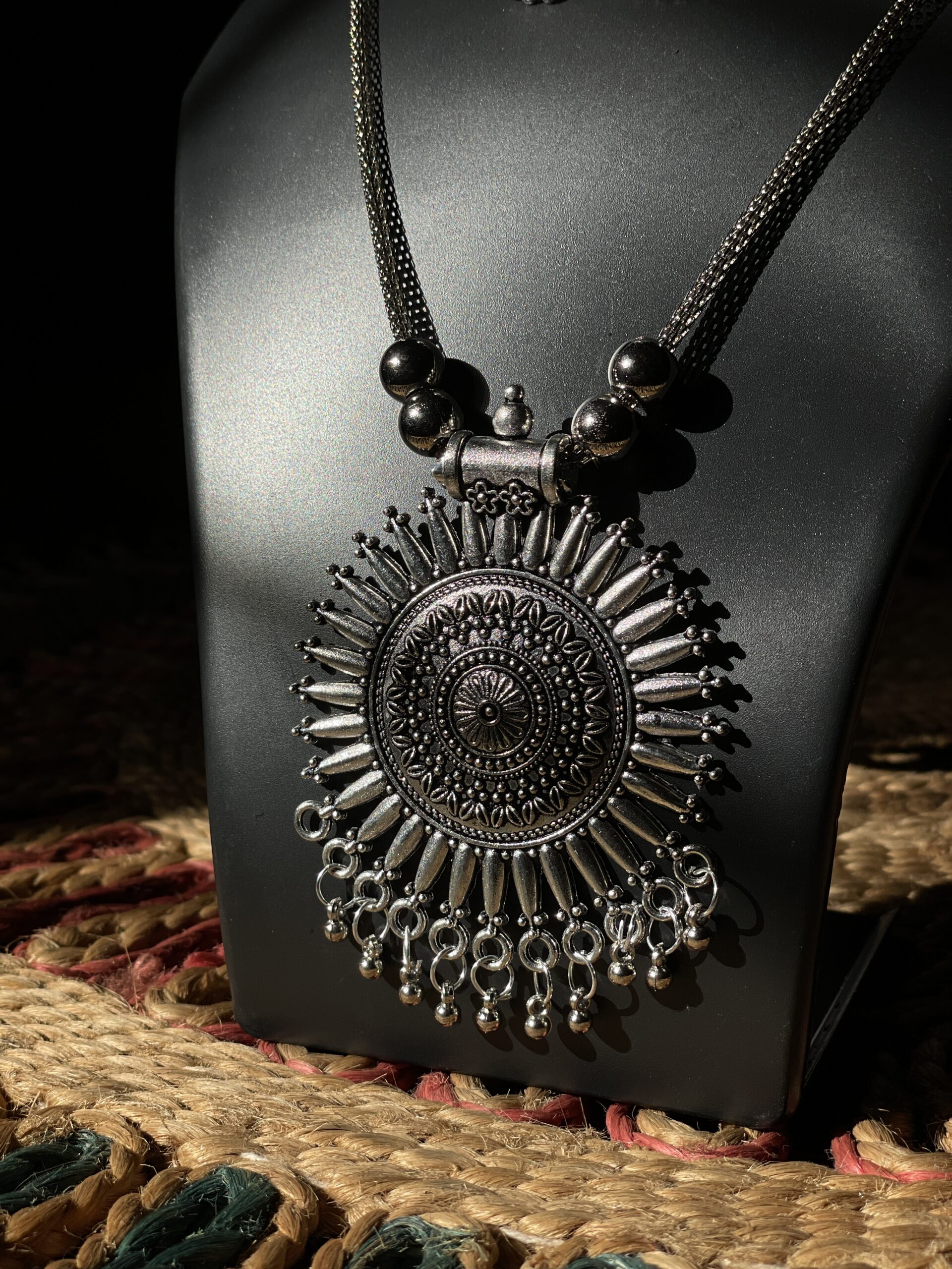 Premium Authentic Oxidized Tribal Jewelry – Tribal Sunburst Pendant Set with Earrings