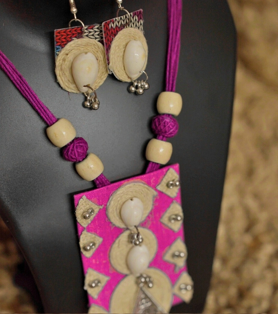Premium Handmade Mixed Media Jewelry – Tribal Essence Jute Cowrie Necklace Set (Magenta Edition)
