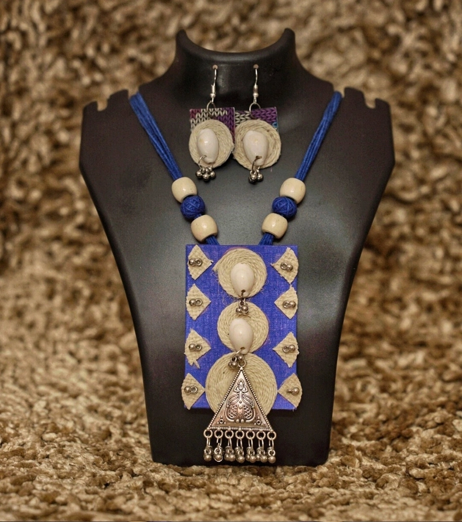 Premium Handmade Mixed Media Jewelry – Tribal Essence Jute Cowrie Necklace Set (Indigo Blue Edition)