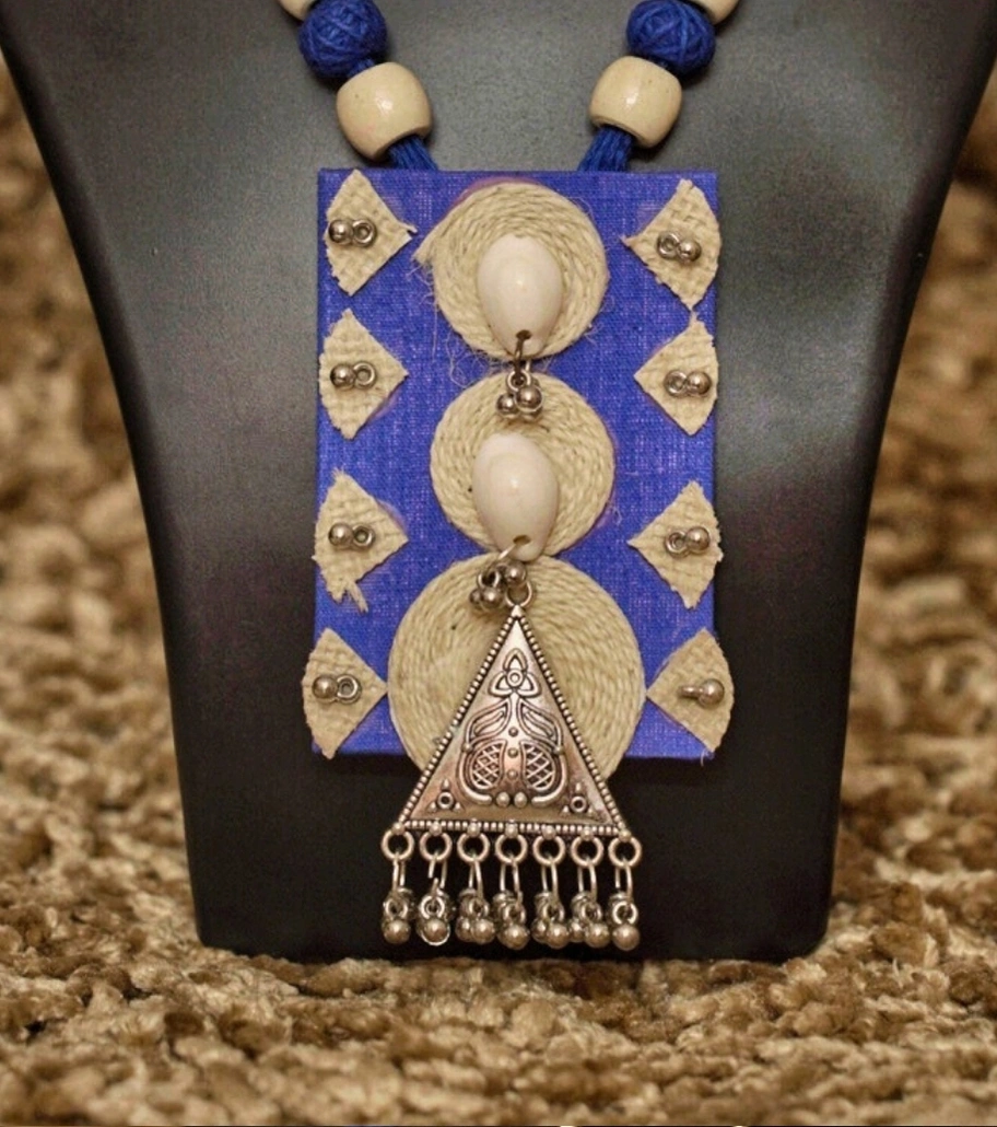 Premium Handmade Mixed Media Jewelry – Tribal Essence Jute Cowrie Necklace Set (Indigo Blue Edition)