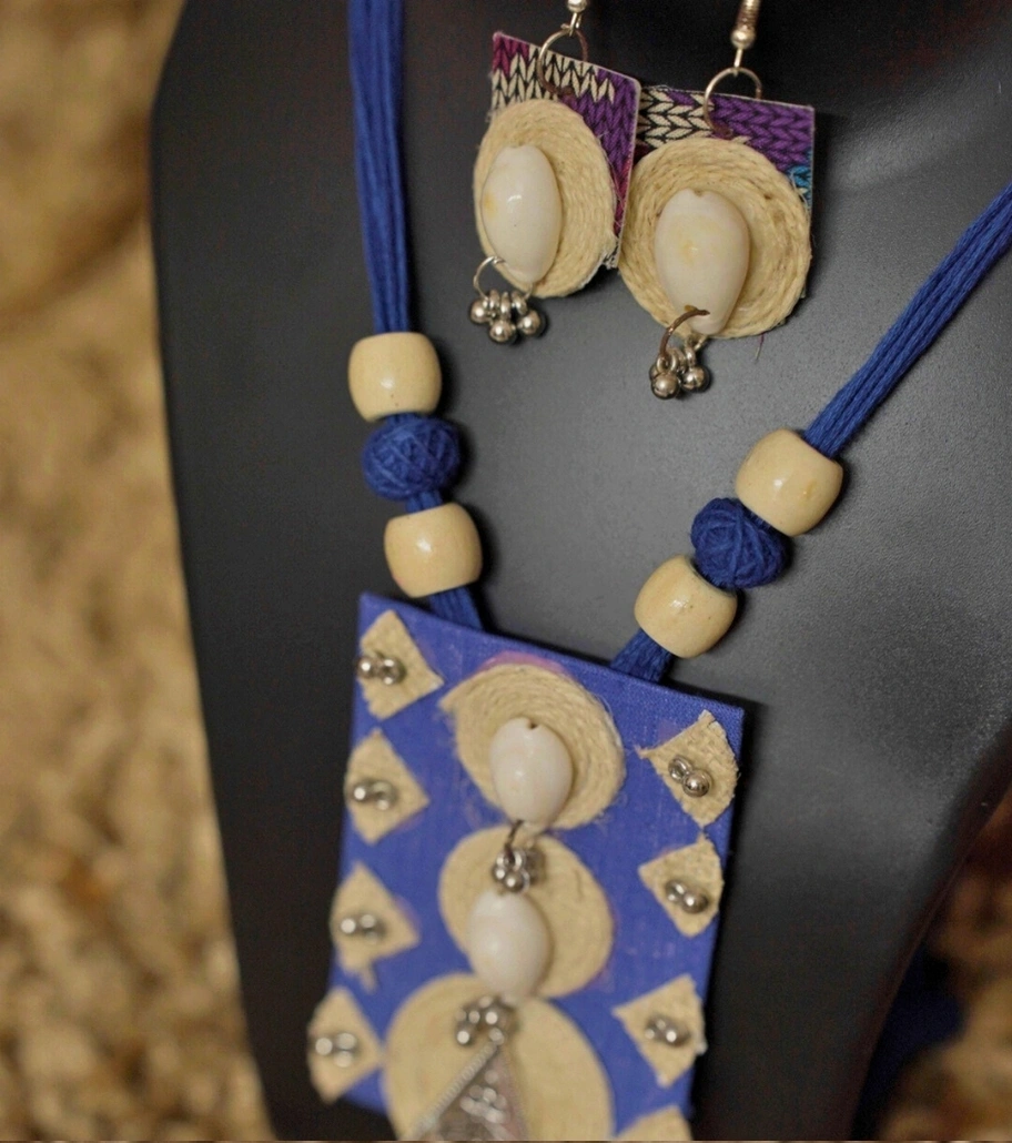 Premium Handmade Mixed Media Jewelry – Tribal Essence Jute Cowrie Necklace Set (Indigo Blue Edition)