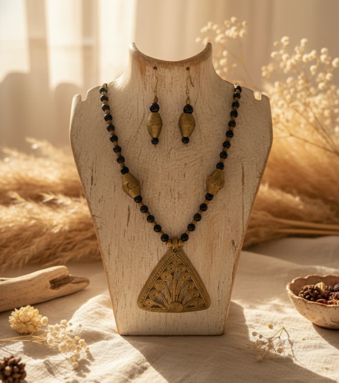Premium Tribal Authentic Dokra & Black Bead Statement Necklace Set with Earrings