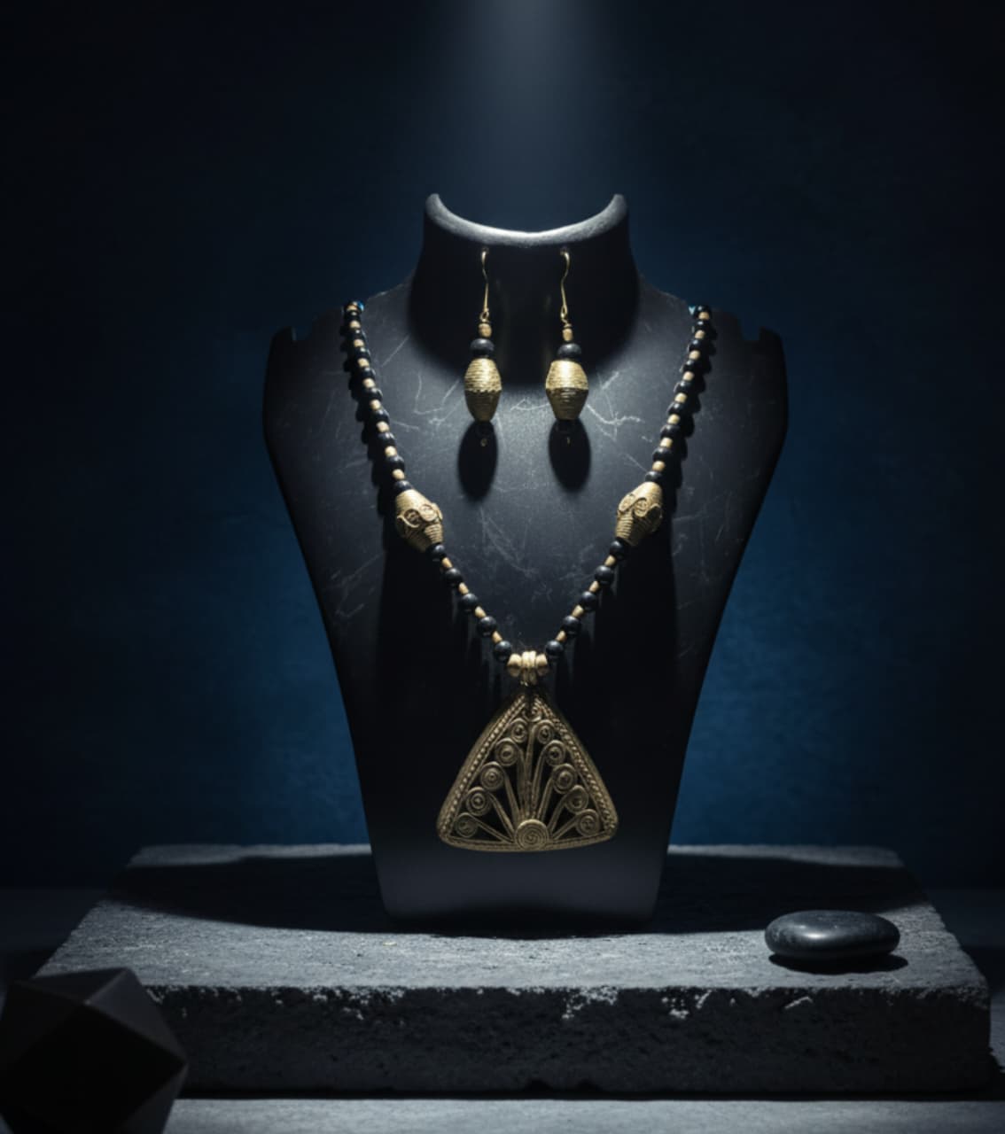 Premium Tribal Authentic Dokra & Black Bead Statement Necklace Set with Earrings