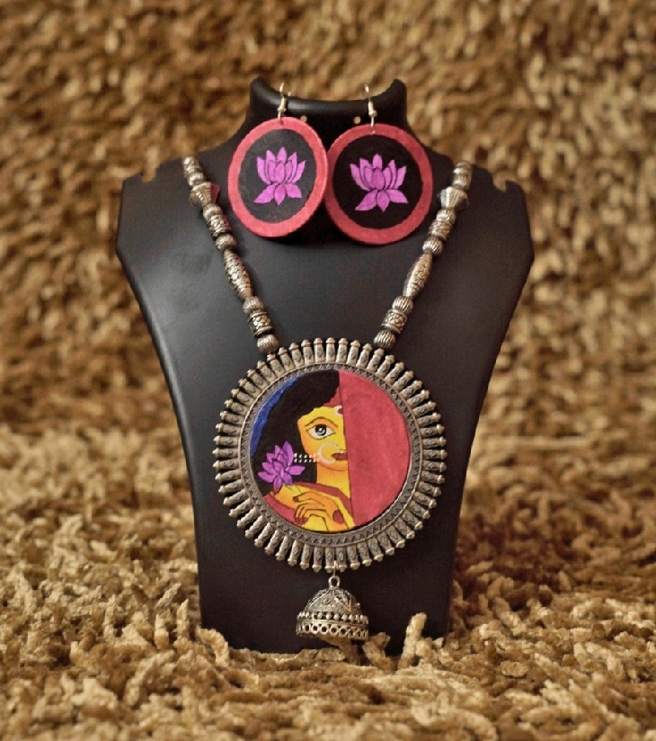 Premium Authentic Hand-Painted Jewelry – Shy Goddess Fusion Necklace Set with Jhumki
