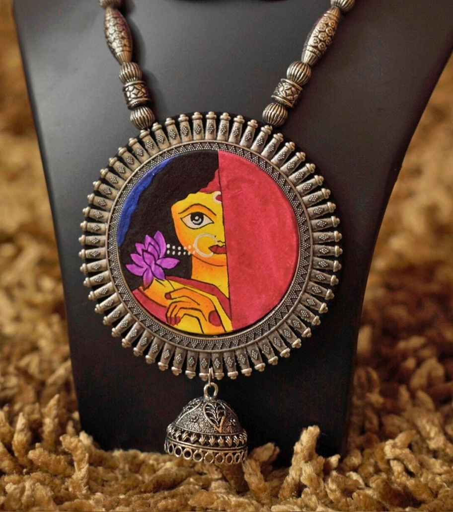 Premium Authentic Hand-Painted Jewelry – Shy Goddess Fusion Necklace Set with Jhumki