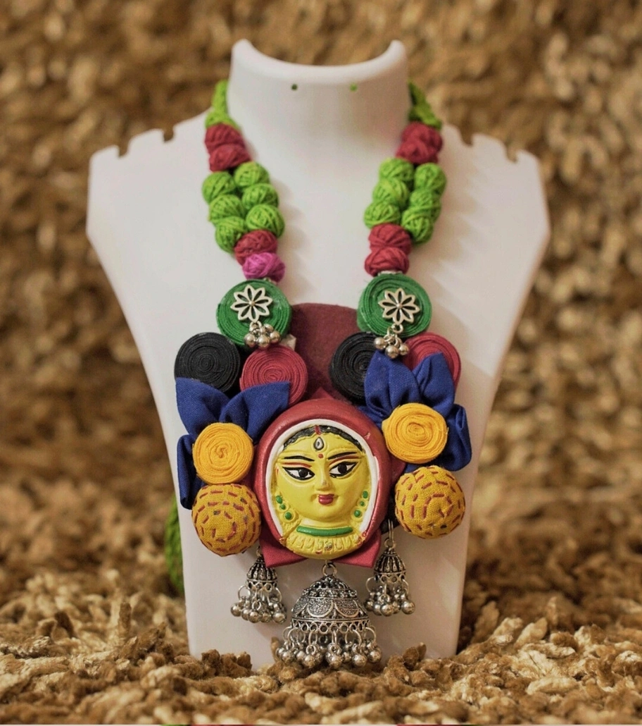Premium Handcrafted Textile Jewelry – Handcrafted Devi Face Fabric Necklace with Jhumkis