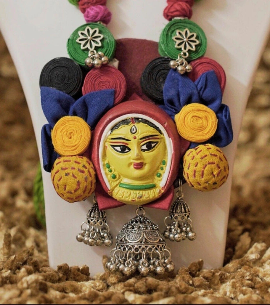 Premium Handcrafted Textile Jewelry – Handcrafted Devi Face Fabric Necklace with Jhumkis