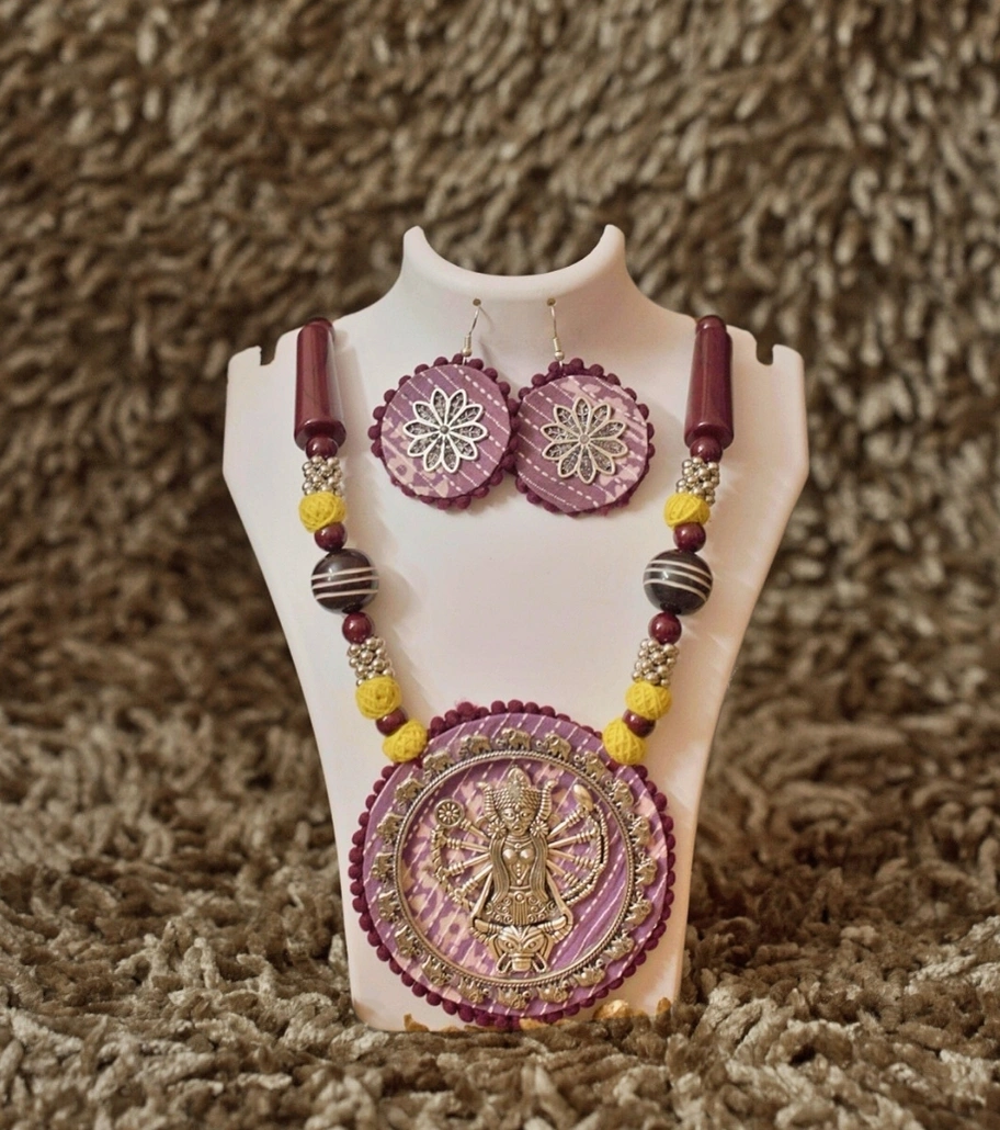 Premium Handmade Mixed-Media Jewelry – Goddess Durga Handcrafted Necklace Set with Earrings
