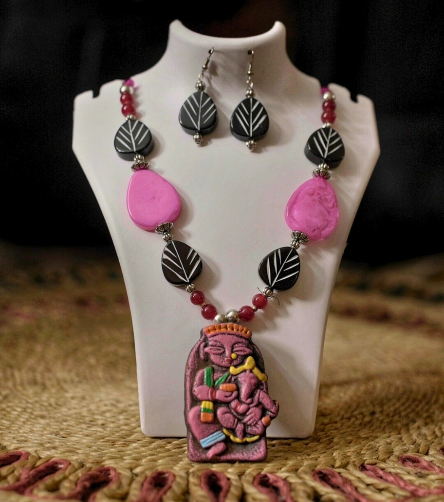 Premium Handmade Terracotta-Style Jewelry – Forest Devi Clay Pendant Set with Earrings