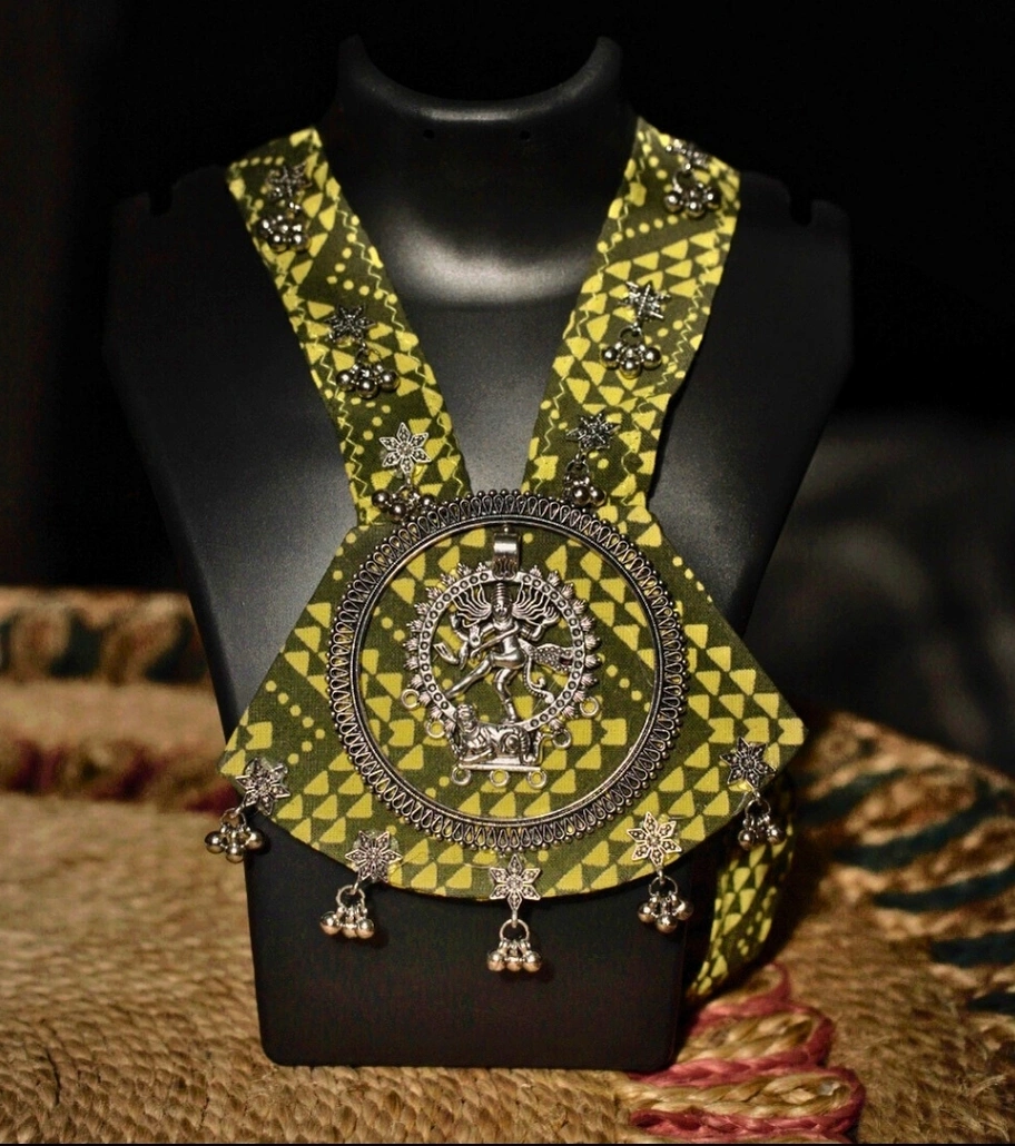 Premium Handmade Mixed-Media Jewelry – Divine Dance Statement Necklace: Lord Nataraja Edition (Yellowish Green)