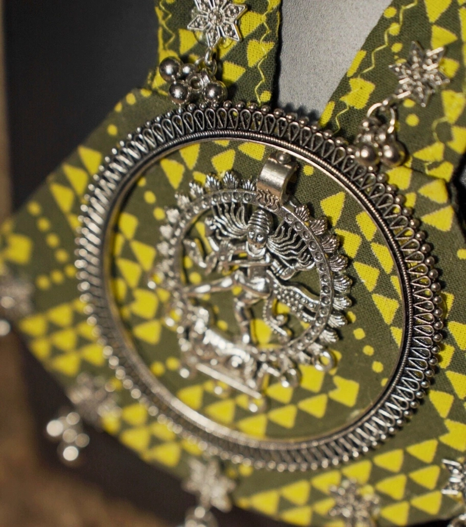 Premium Handmade Mixed-Media Jewelry – Divine Dance Statement Necklace: Lord Nataraja Edition (Yellowish Green)