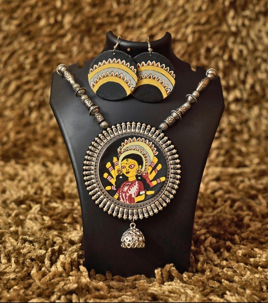Premium Hand-Painted Folk Art Jewelry – Divine Devi Pendant Set with Earrings
