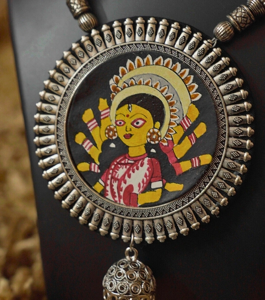 Premium Hand-Painted Folk Art Jewelry – Divine Devi Pendant Set with Earrings