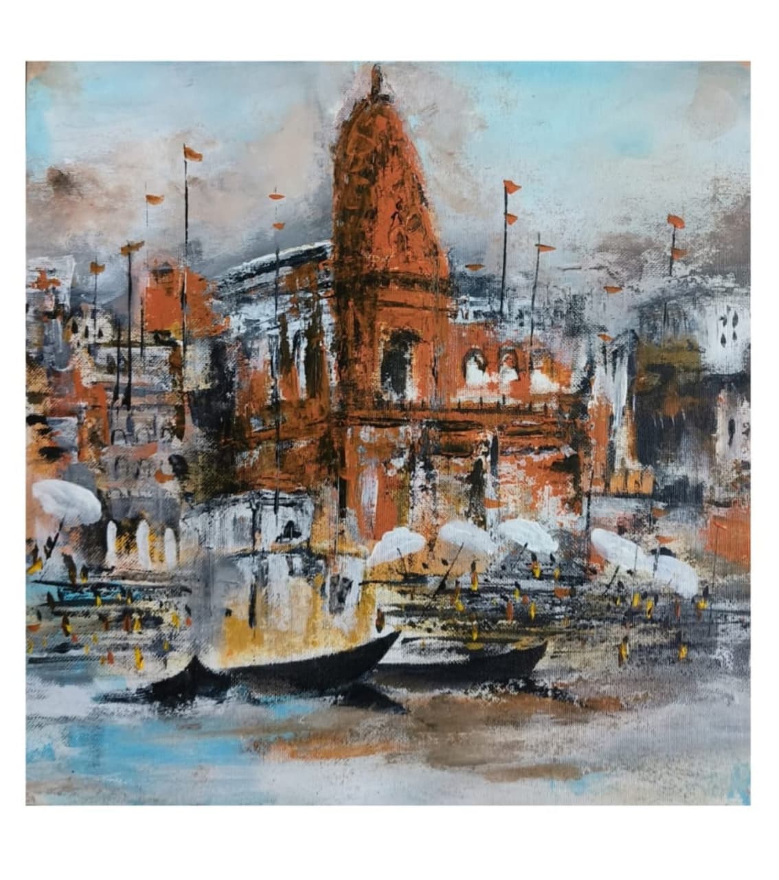 Premium Original Indian Heritage Art – Sentinel On the Ghats by Vikram Kumar Mukherjee (14"x14" Acrylic Impasto Painting)