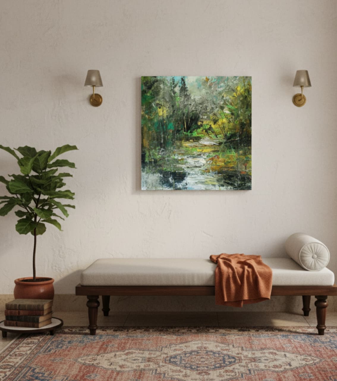 Premium Original Landscape Art – Riverbend Solitude by Vikram Kumar Mukherjee (14"x14" Acrylic Impasto Painting)