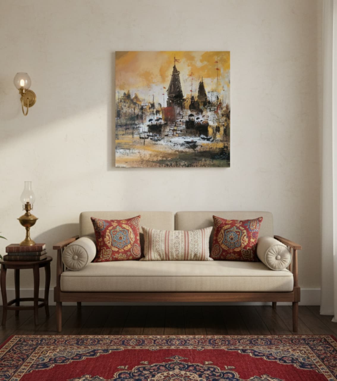 Premium Original Indian Heritage Art – Holy Steps at Dusk by Vikram Kumar Mukherjee (14"x14" Acrylic Impasto Painting)