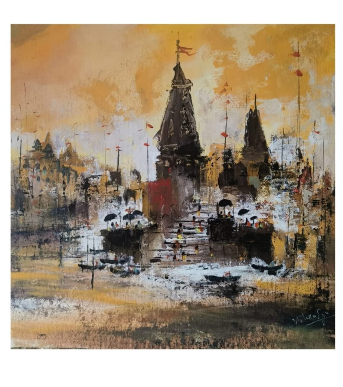 Premium Original Indian Heritage Art – Holy Steps at Dusk by Vikram Kumar Mukherjee (14"x14" Acrylic Impasto Painting)