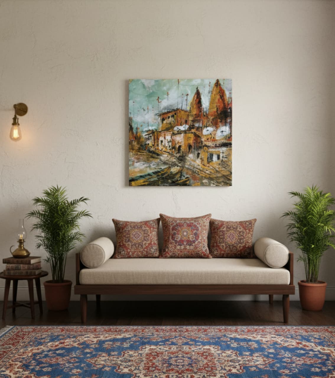 Premium Original Indian Heritage Art – Ghats of the Divine City by Vikram Kumar Mukherjee (14"x14" Acrylic Impasto on Paper)