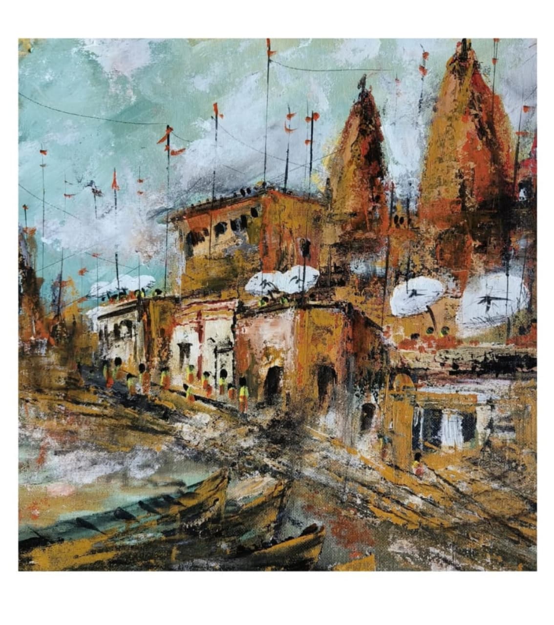 Premium Original Indian Heritage Art – Ghats of the Divine City by Vikram Kumar Mukherjee (14"x14" Acrylic Impasto on Paper)