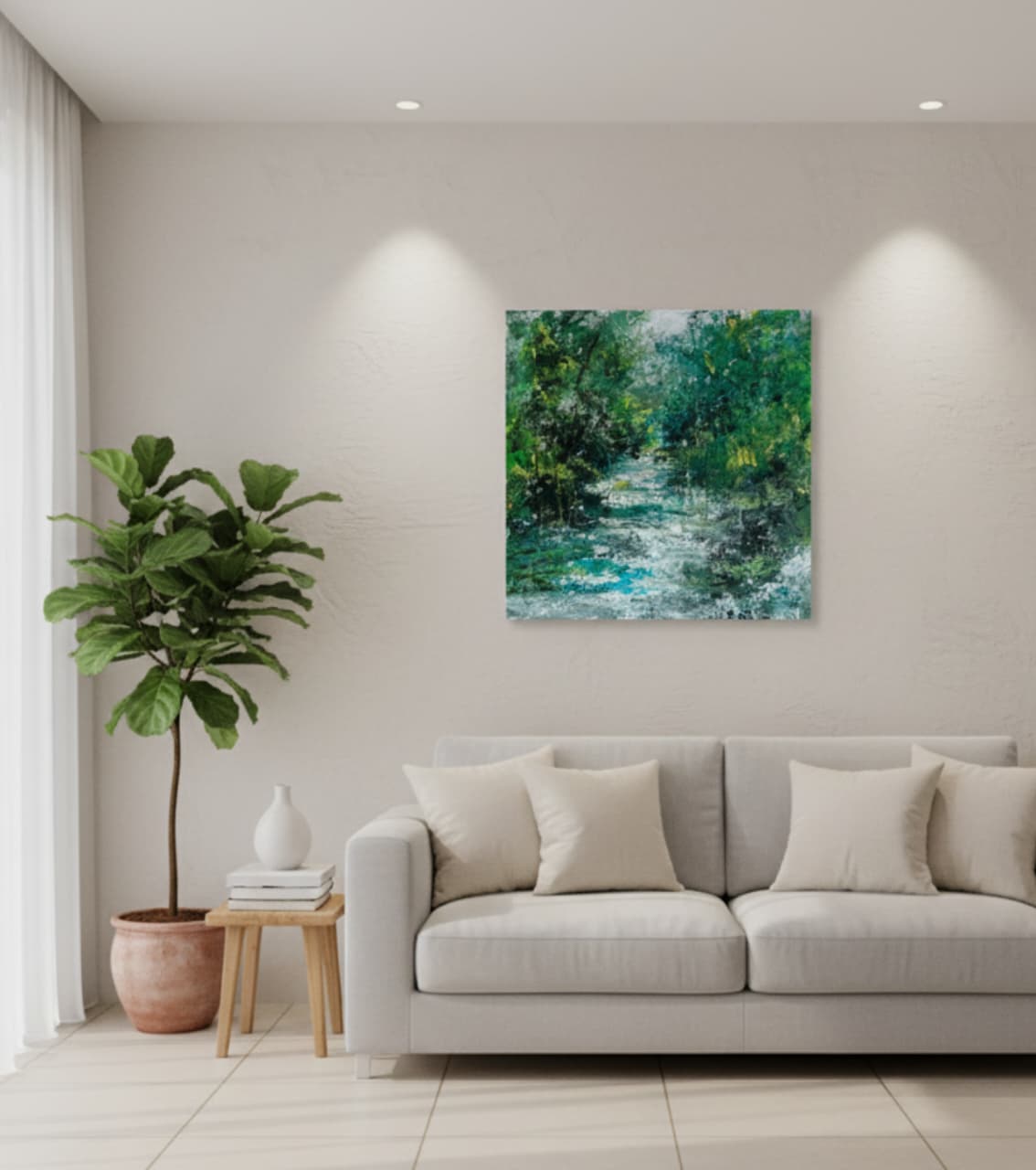 Premium Original Landscape Art – Emerald Creek Flow by Vikram Kumar Mukherjee (14"x10" Acrylic Impasto on Paper)