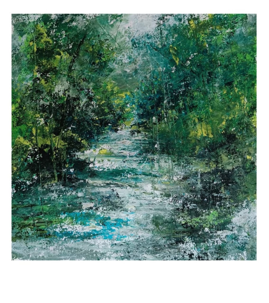 Premium Original Landscape Art – Emerald Creek Flow by Vikram Kumar Mukherjee (14"x10" Acrylic Impasto on Paper)