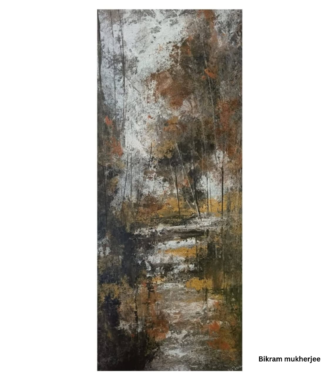 Premium Original Vertical Landscape Art – Canopy Reflection by Vikram Kumar Mukherjee (20"x10" Acrylic Impasto on Paper)