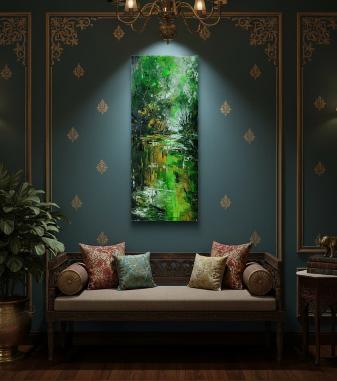 Premium Original Vertical Landscape Art – Emerald Canopy Reflection by Vikram Kumar Mukherjee (20"x10" Acrylic Impasto on Paper)