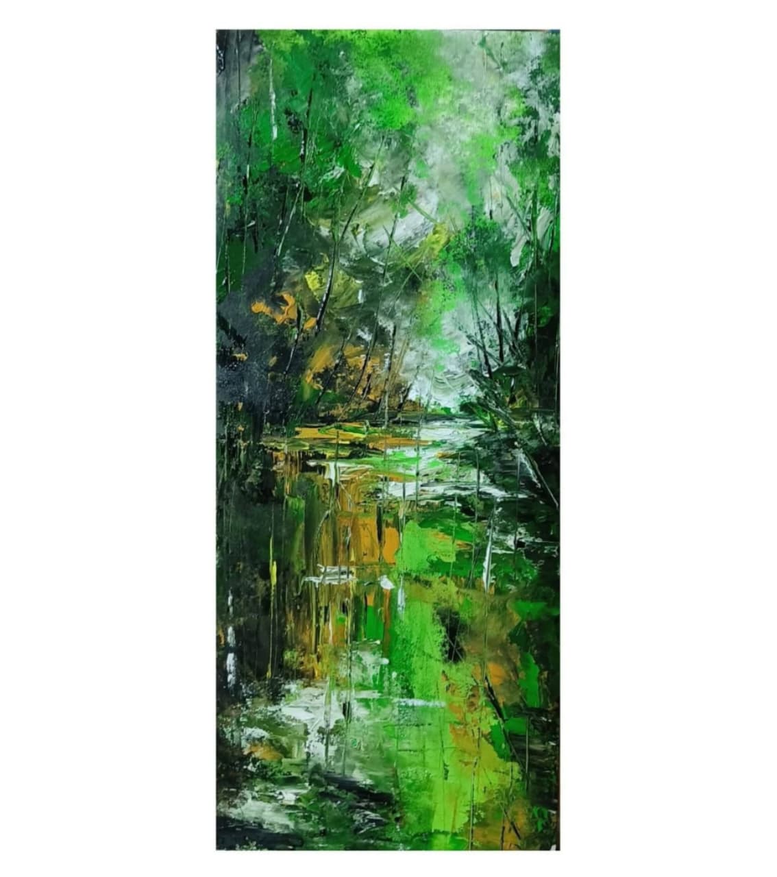 Premium Original Vertical Landscape Art – Emerald Canopy Reflection by Vikram Kumar Mukherjee (20"x10" Acrylic Impasto on Paper)