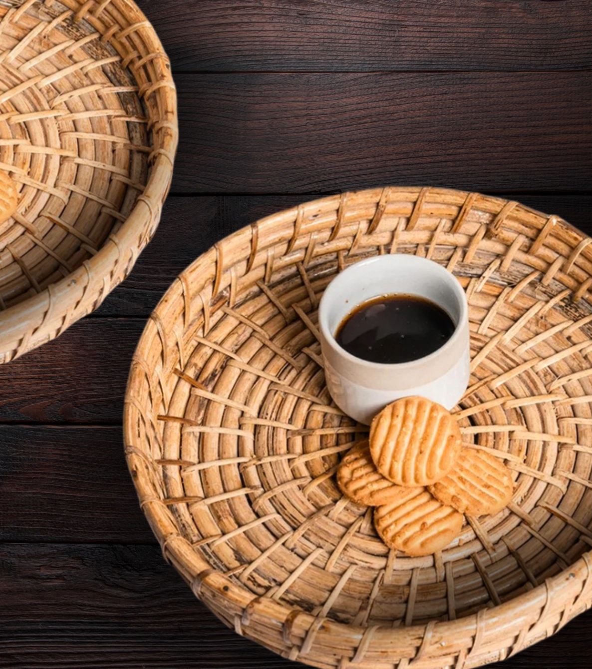 Artisanal Hand-Woven Cane Round Tray / Utility Basket