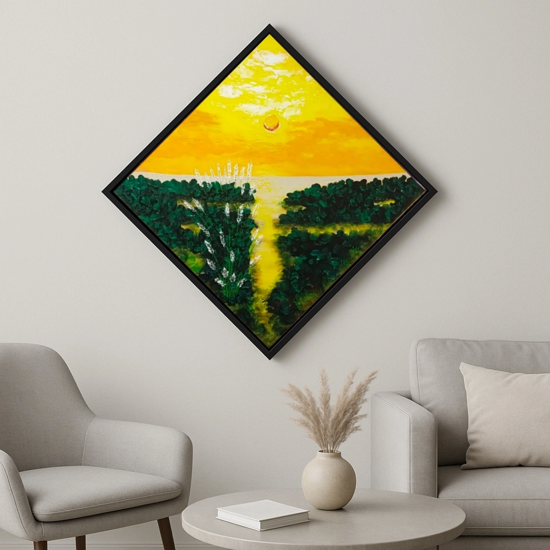 Premium Original Landscape Art – Sunrise Square by Samhita Bhaumik (24"x24" Diamond-Hung Acrylic Canvas)