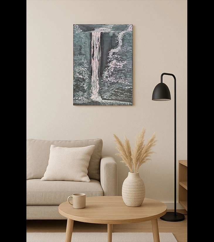 Premium Original Landscape Art – Sunrise Square: Silent Cascade by Samhita Bhaumik (8"x16" Vertical Acrylic Canvas)