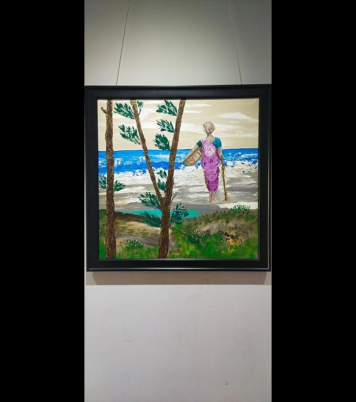 Premium Original Coastal Landscape – Sunrise Square: Seaside Farming by Samhita Bhaumik (24"x24" Framed Acrylic Canvas)